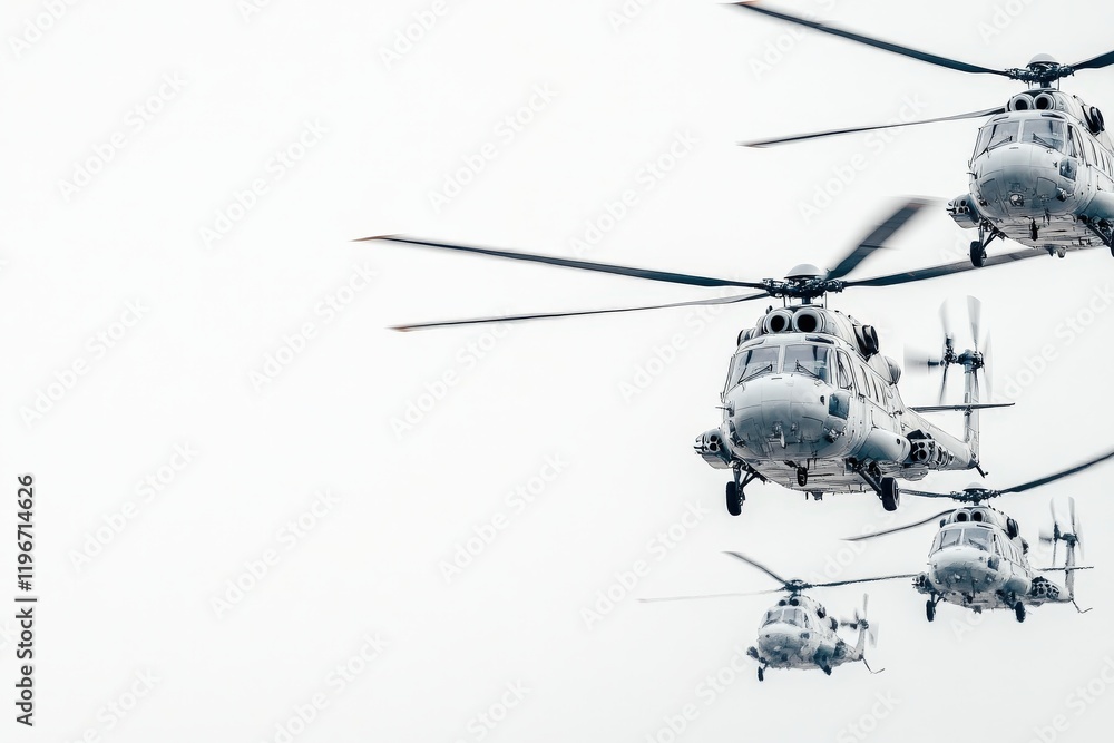 A Formation of Military Helicopters Flying in Synchronization Against a Gray Sky During a Training Exercise for Defense and Rescue Operations A Formation of Military Helicopters Flying in Synchronization Against a Gray Sky During a Training Exercise for Defense and Rescue Operations
