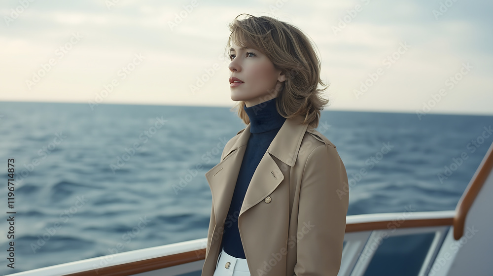 Stylish Woman in Elegant Fashion on a Boat, Embracing the Sea Breeze and Serene Waterscape, Capturing a Thoughtful Moment in a Chic Nautical Style Stylish Woman in Elegant Fashion on a Boat, Embracing the Sea Breeze and Serene Waterscape, Capturing a Thoughtful Moment in a Chic Nautical Style