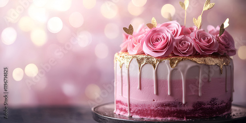 Artistic Floral Cake with Roses and Bokeh Background