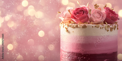 Artistic Floral Cake with Roses and Bokeh Background