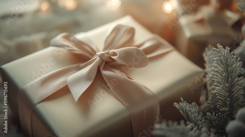 Festive luxury gift display, soft neutral color palette, premium satin ribbon details, subtle winter floral decoration, atmospheric lighting technique, professional depth of field, intimate macro photo