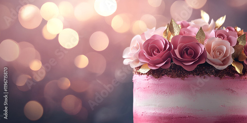 Artistic Floral Cake with Roses and Bokeh Background