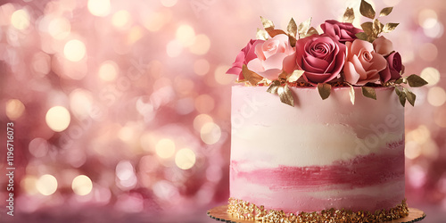 Artistic Floral Cake with Roses and Bokeh Background