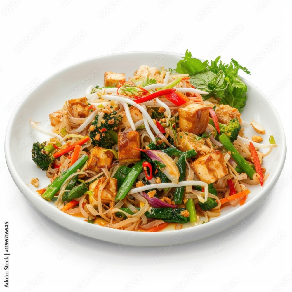 A plate of vegetable pad thai with tofu, isolated white background, modern art style A plate of vegetable pad thai with tofu, isolated white background, modern art style