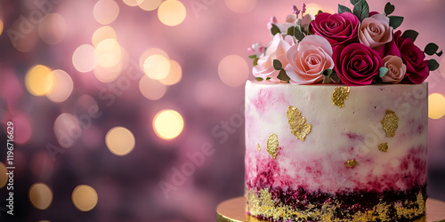 Artistic Floral Cake with Roses and Bokeh Background