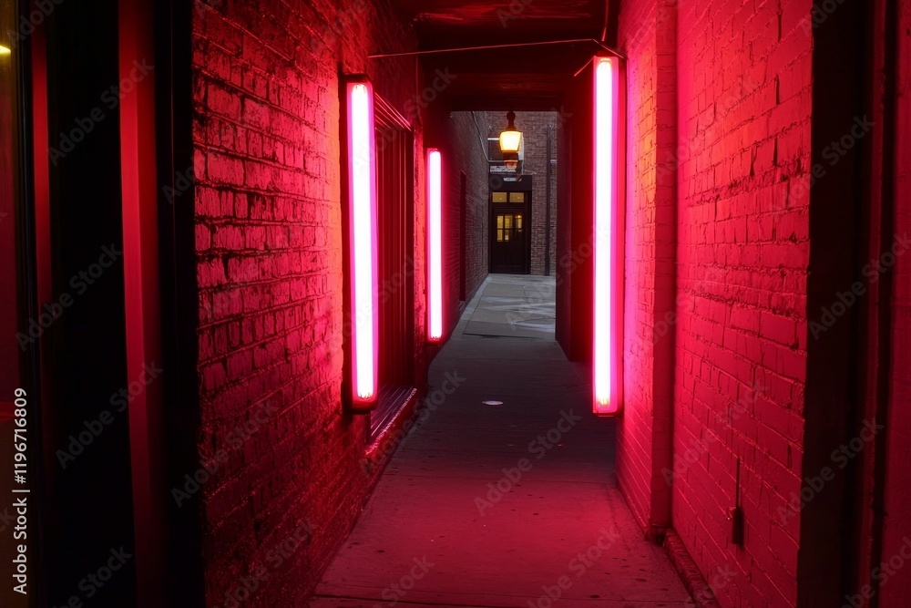 Fototapeta premium Red-lit brick alleyway, glowing tubes.