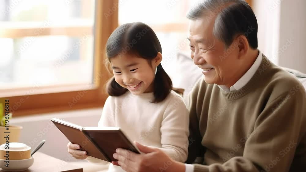 asian girl reading an article with her elderly father concept, Generative Ai asian girl reading an article with her elderly father concept, Generative Ai