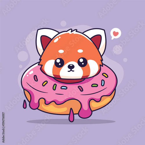 cute red panda with donut kawaii character vector illustration design