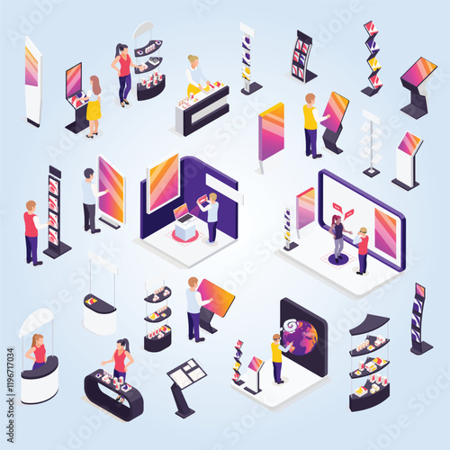 modern technology exhibition isometric elements set with autonomous robots virtual reality control