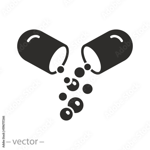 dose medical pill, pharmaceutical capsule icon, concept pharmacy, medicine drug composition, powder supplement, flat vector illustration