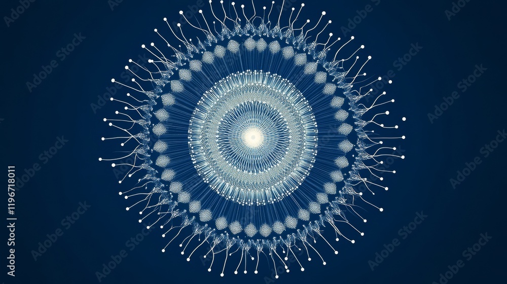 Fototapeta premium Crystalline firework patterns, deep blue nighttime gradient, precise circular light formations, dotted ray designs, minimalist white explosions, geometric celebration motif, contemporary graphic