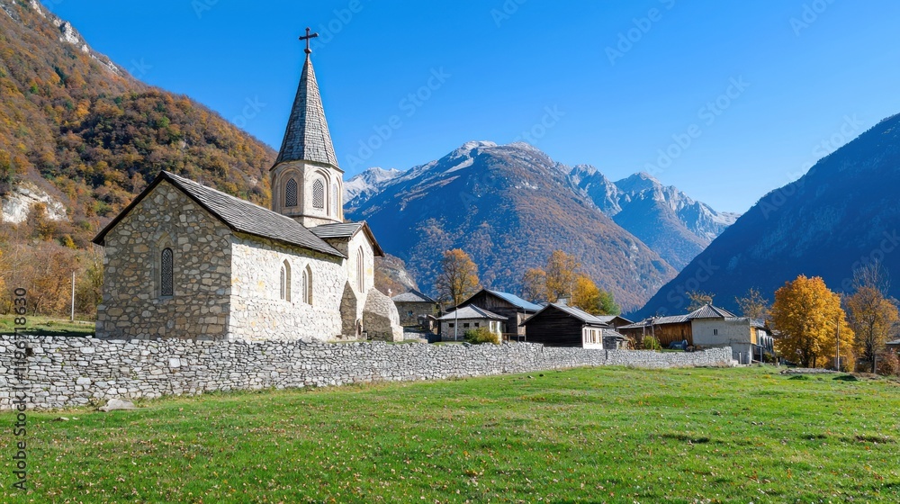 Fototapeta premium Alpine Village Church in Autumn