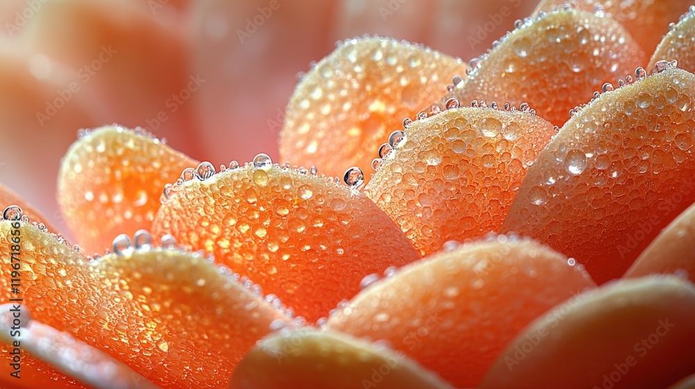 Close-up of Dew-Covered Flower Petals: Warm Peach Hues and Intricate Textures Close-up of Dew-Covered Flower Petals: Warm Peach Hues and Intricate Textures