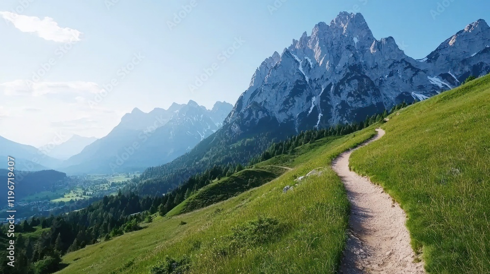 Scenic mountain landscape with a winding path through green hills. Scenic mountain landscape with a winding path through green hills.