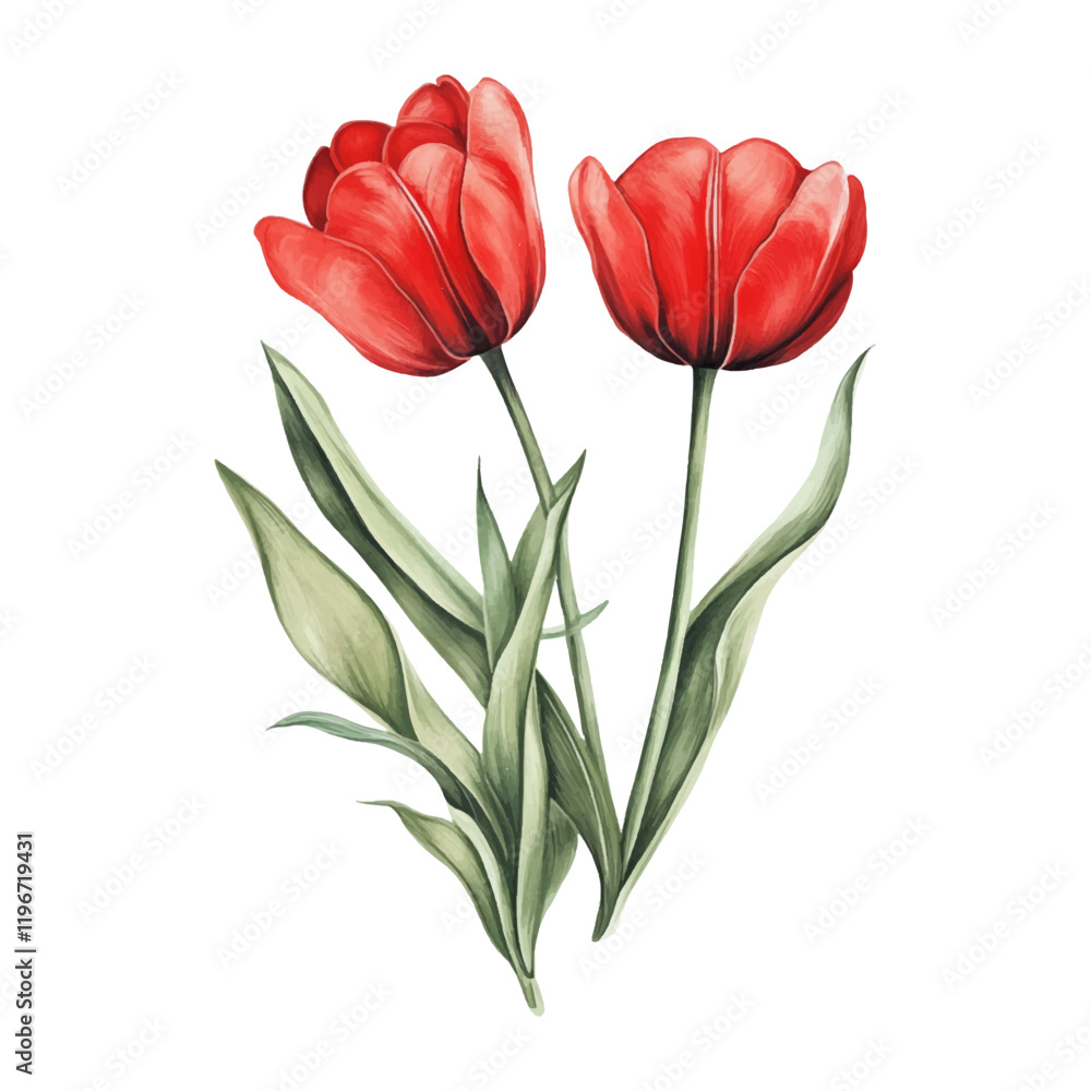 Two vibrant red tulips with green leaves, symbolizing beauty and nature Two vibrant red tulips with green leaves, symbolizing beauty and nature