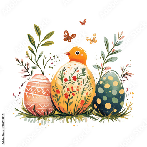Colorful Easter eggs with chick and flowers, celebrating springtime joy