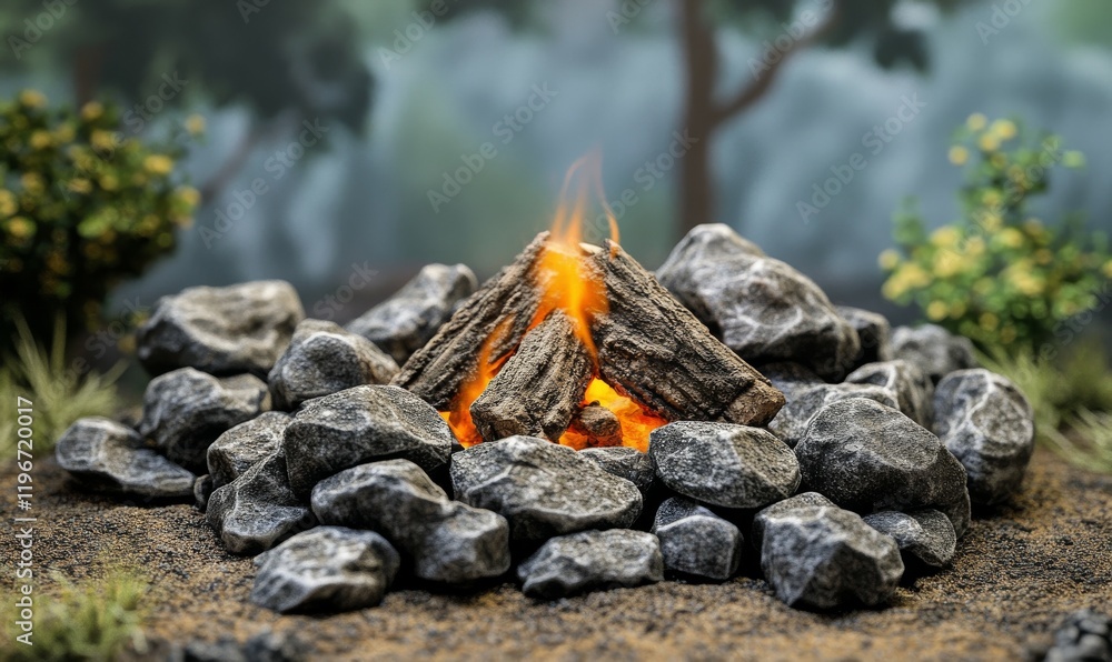 A heap of rocks is positioned in front of a toasty fire, suitable for camping or outdoor scenes. A heap of rocks is positioned in front of a toasty fire, suitable for camping or outdoor scenes.