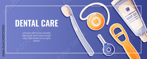 Poster, flyer on the topic of dentistry, hygienist, dental care, oral hygiene. with the image of a toothbrush, dental floss, toothpaste and tongue scraper. For healthy and clean teeth.