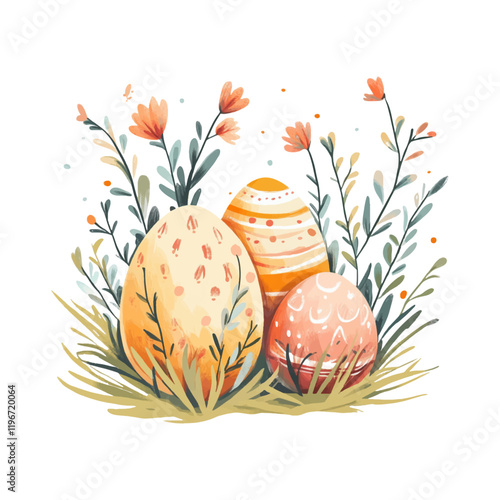 Colorful Easter eggs surrounded by flowers and greenery