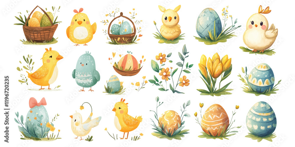 Fototapeta premium Cute Easter illustrations featuring eggs, chicks, and flowers