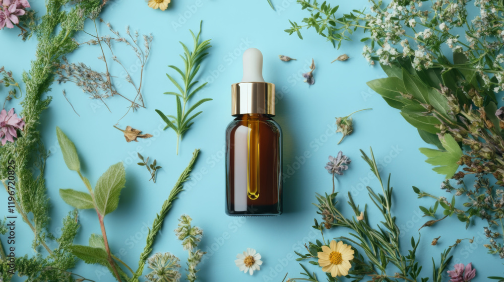 Fototapeta premium Herbal Skincare Serum with Natural Botanicals and Flowers