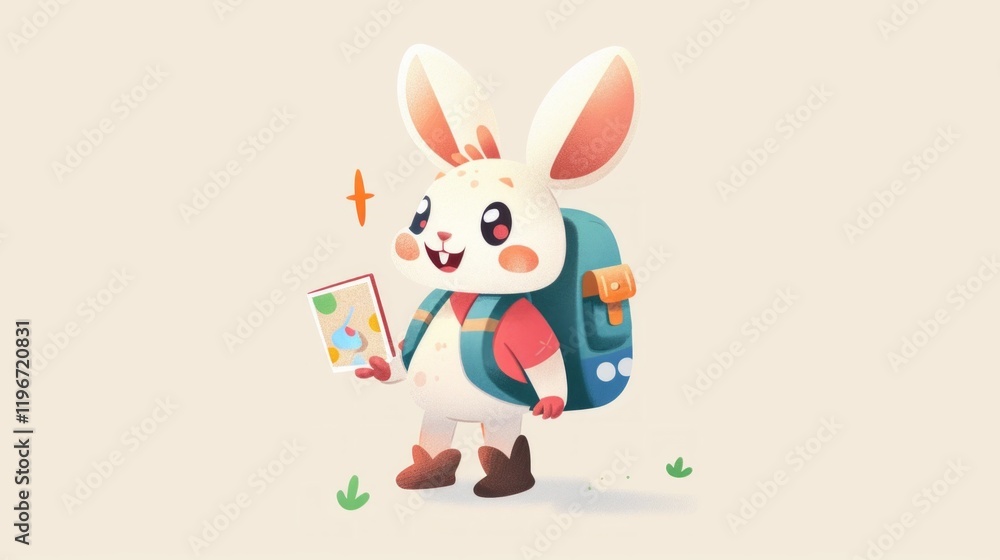 Fototapeta premium Design a vector rabbit character for a children's book, complete with a backpack and a map, ready for an adventure. 