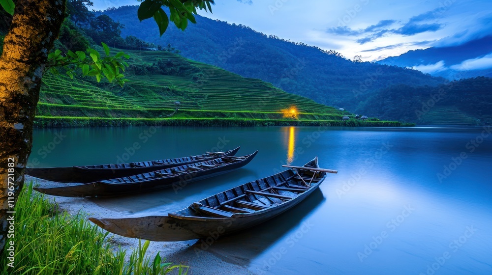 Peaceful lake with boats at dusk Peaceful lake with boats at dusk