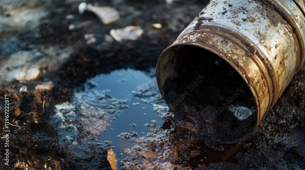 Leaking Barrel of Toxic Waste on Discolored Ground Leaking Barrel of Toxic Waste on Discolored Ground
