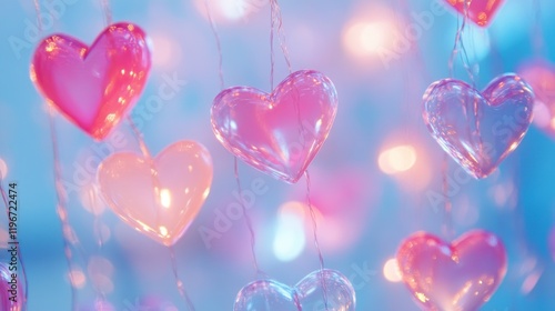 Pink and clear glass hearts hanging with bokeh lights.