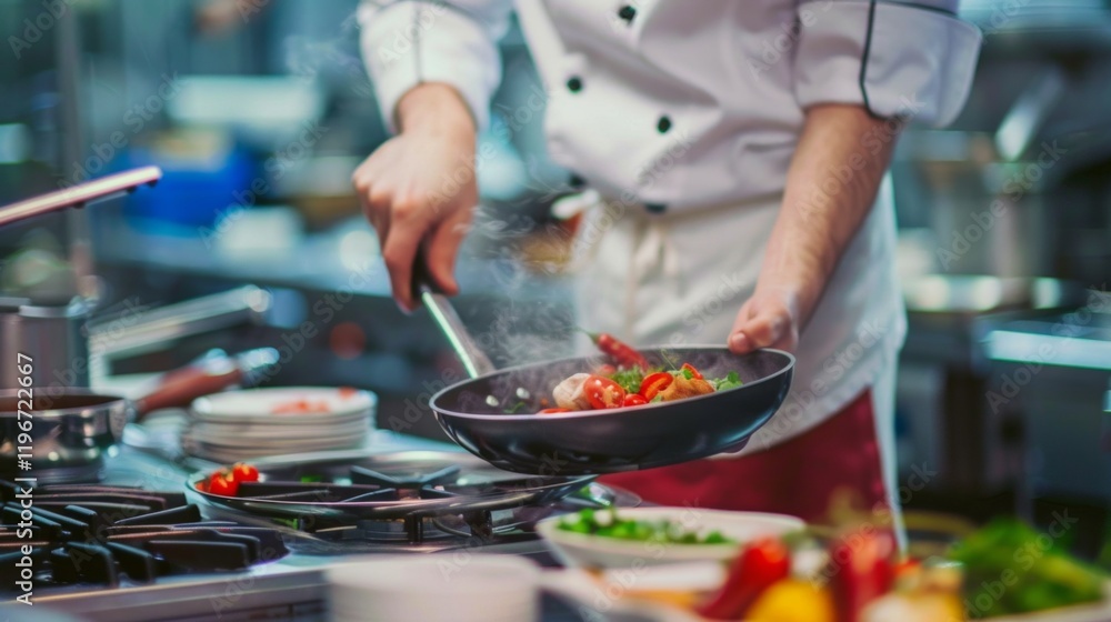 Envision a chef in a bustling kitchen, flicking a pan to toss ingredients with flair. Envision a chef in a bustling kitchen, flicking a pan to toss ingredients with flair.