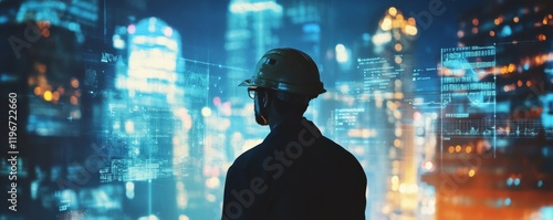 A construction engineer in helmet standing near digital collage showing industrial buildings and data visualisation on the screen