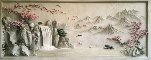 A concrete wall decorated with volumetric stucco moldings displaying a Japanese scene of mountains, a waterfall, and sakuras. photo