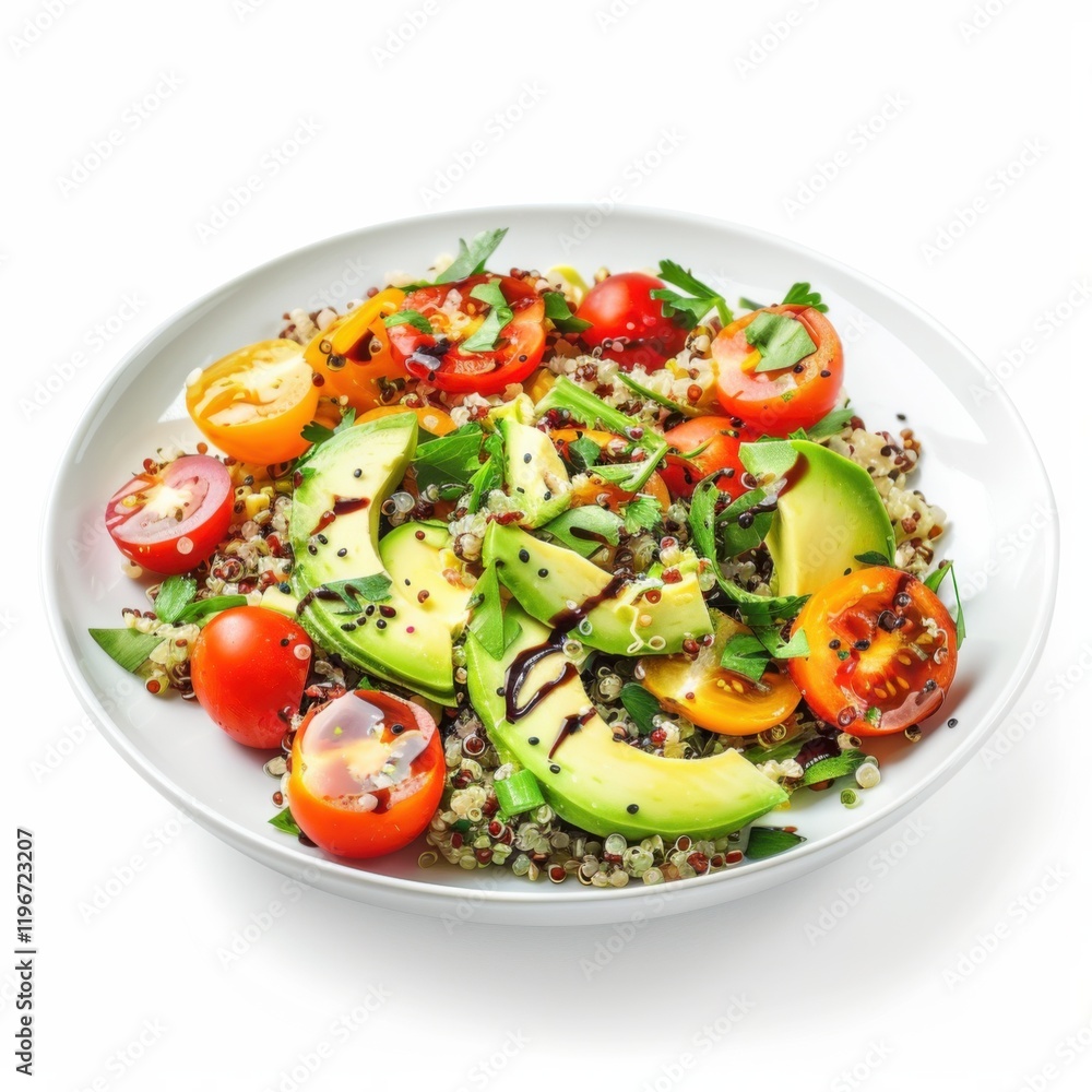 A plate of vegetable quinoa salad with avocado, cherry tomatoes, and balsamic dressing A plate of vegetable quinoa salad with avocado, cherry tomatoes, and balsamic dressing