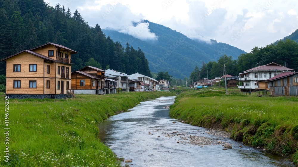 Fototapeta premium Mountain Village River Landscape