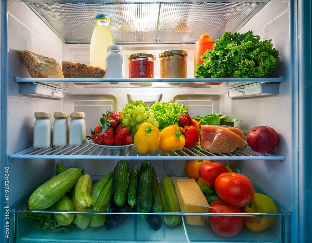 Inside a fridge with an abudance of vegetables, fruit, cheese Inside a fridge with an abudance of vegetables, fruit, cheese
