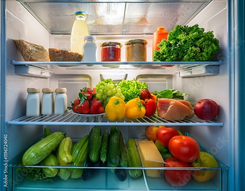 Inside a fridge with an abudance of vegetables, fruit, cheese photo