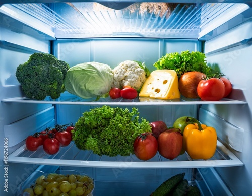 Inside a fridge with an abudance of vegetables, fruit, cheese photo