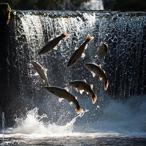 Fishes go for spawning upstream. Vimba jumps over waterfall on the Venta river, Kuldiga, Latvia. photo