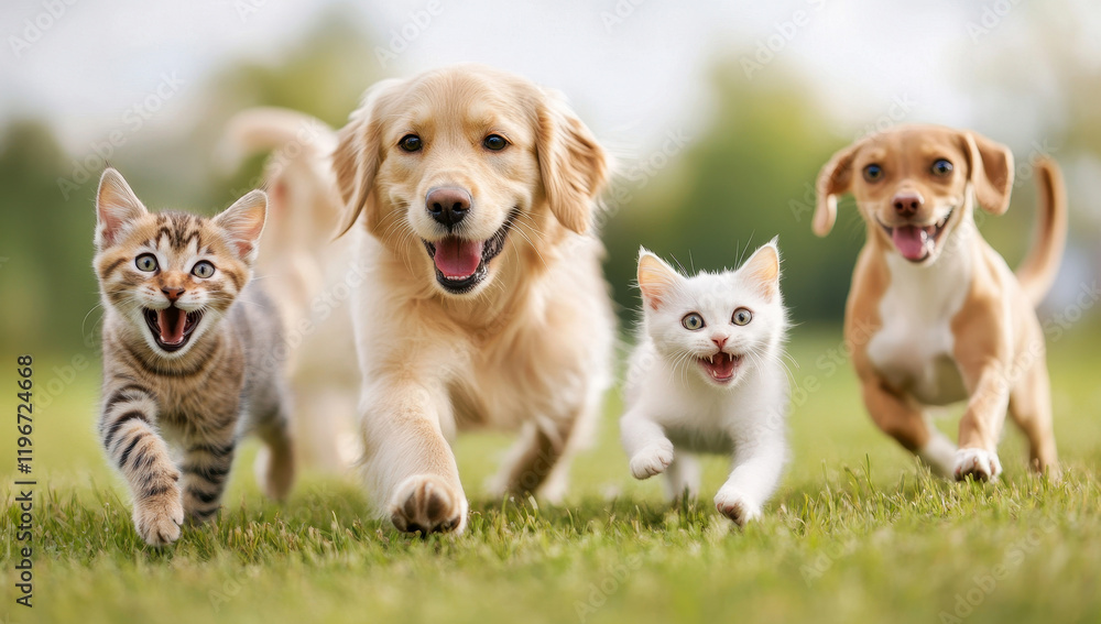 Happy cats and dogs running outdoors on sunny grassy field Happy cats and dogs running outdoors on sunny grassy field