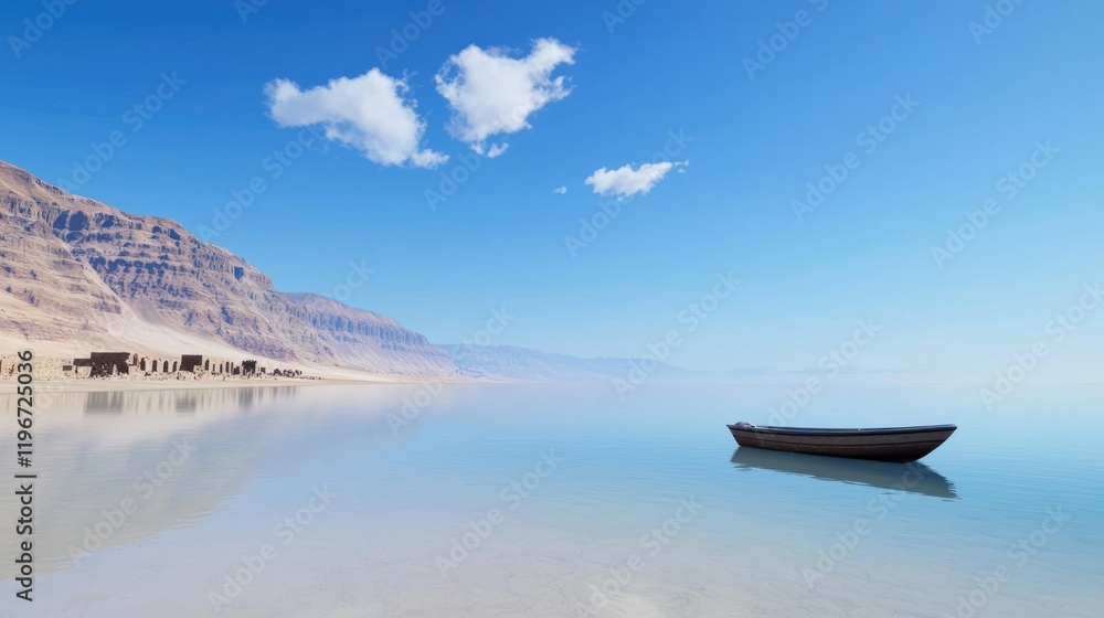 Serene desert lake with lone boat