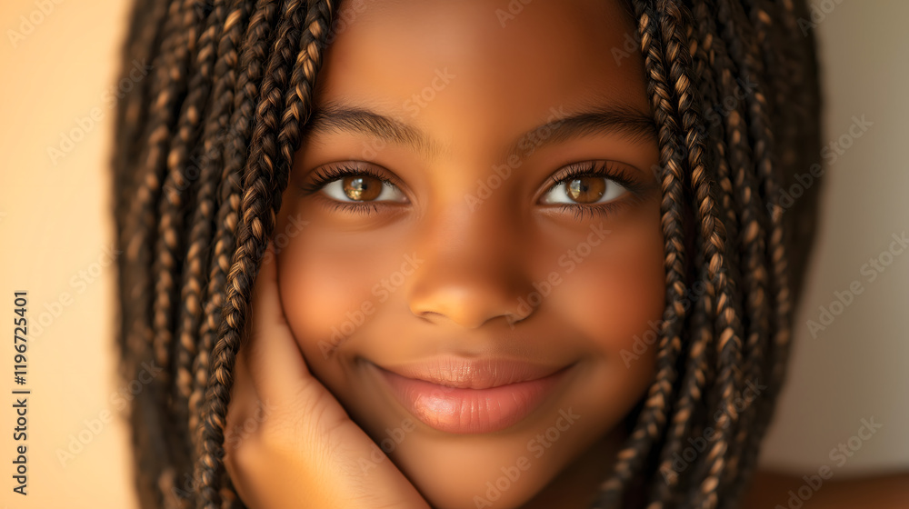 Portrait of a Happy Girl with a Braided Hairstyle, Capturing Childhood Joy and Innocence in Natural Light with Vibrant Eyes and a Genuine Smile Portrait of a Happy Girl with a Braided Hairstyle, Capturing Childhood Joy and Innocence in Natural Light with Vibrant Eyes and a Genuine Smile