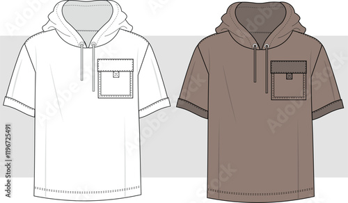 mens short sleeve hoodie flat sketch vector illustration. Hoodie Sweater Fashion Flat Sketch Vector Illustration, CAD, Technical Drawing, Flat Drawing, Template, Mockup.