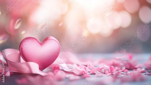 Pink heart with ribbon and petals, bokeh background.