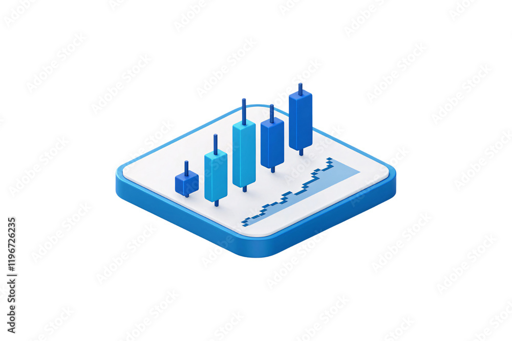 Fototapeta premium 3D candlestick chart in varying blue shades, presenting financial trends on a minimalist white base, emphasizing clarity and data-driven insights. Isolated on a transparent background