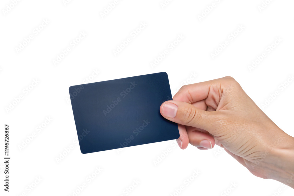 A close-up of a hand holding a blank, dark blue card, positioned prominently. Isolated on a transparent background, suggesting simplicity and utility A close-up of a hand holding a blank, dark blue card, positioned prominently. Isolated on a transparent background, suggesting simplicity and utility