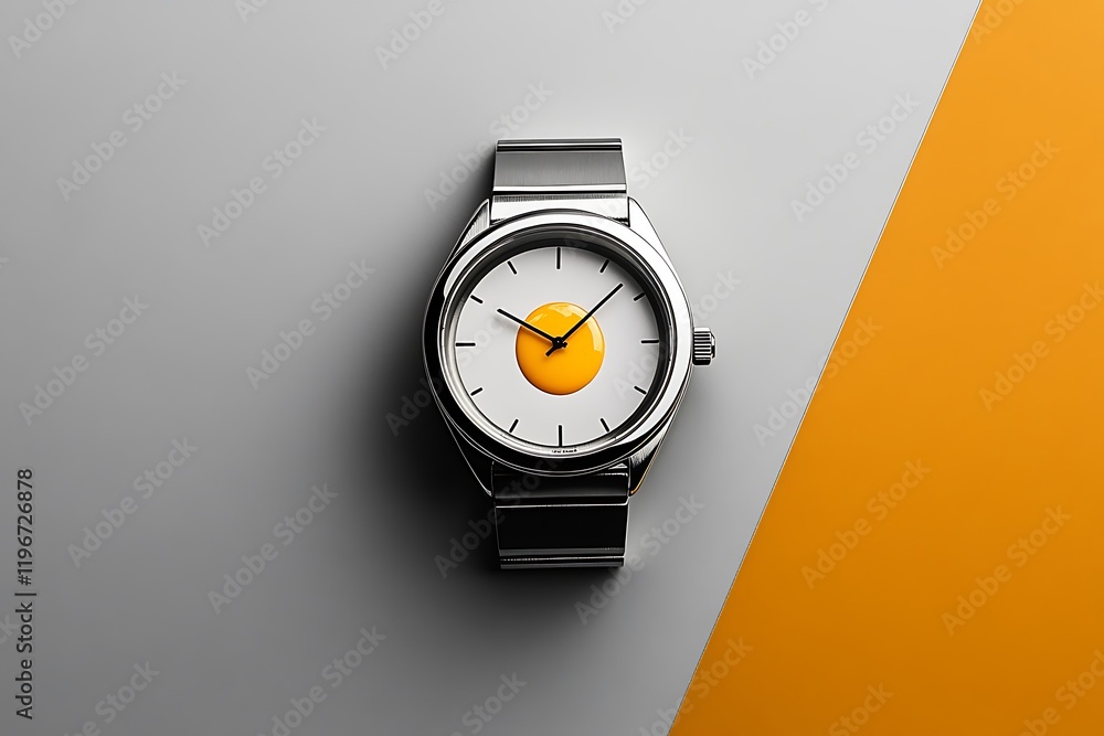 Silver wrist watch showing fried egg time Silver wrist watch showing fried egg time