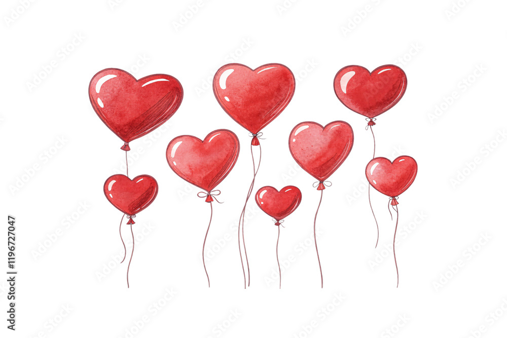 A cluster of shiny red heart-shaped balloons floating against a black background, tied with thin strings, symbolizing love and celebration, isolated on a transparent background A cluster of shiny red heart-shaped balloons floating against a black background, tied with thin strings, symbolizing love and celebration, isolated on a transparent background