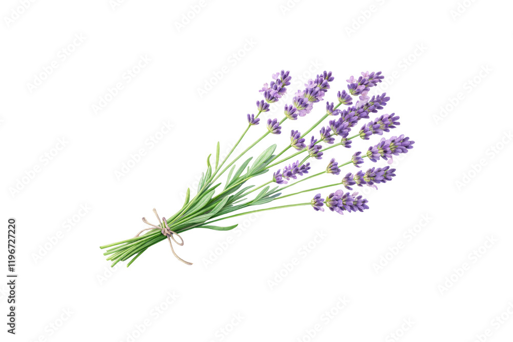 Naklejka premium A delicate bundle of lavender flowers, tied with twine. The soft purple blooms and green stems create a soothing, rustic charm, isolated on a transparent background