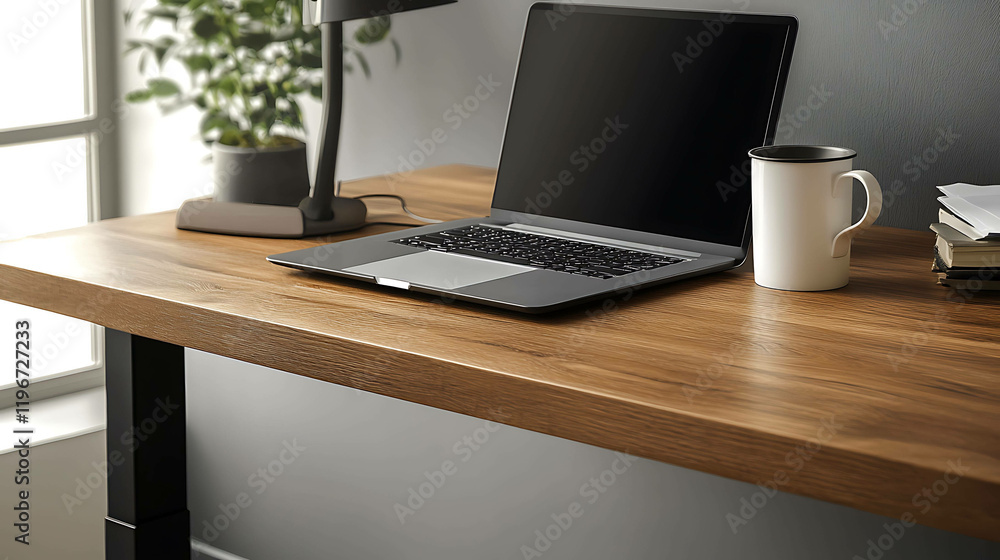 Minimalist home office setup with a sleek laptop and coffee cup on a wooden desk Minimalist home office setup with a sleek laptop and coffee cup on a wooden desk