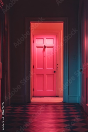 Pink-lit door  hallway  and diamond-patterned floor.